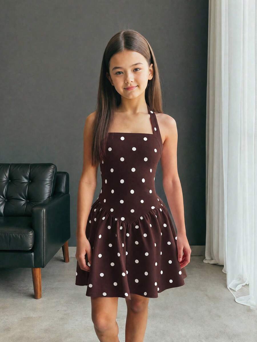 Firerie Kids Firerie Kids 青少年女孩休閒度假黑白圓點掛脖A字版型可愛洋裝 - 咖啡 - 查看 1