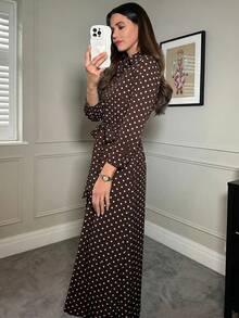 SHEIN Clasi 女款圓點圖案長袖單排扣襯衫洋裝 - 棕色 - 查看 3