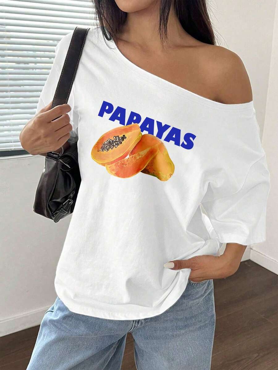 DrmWander 大尺碼女款木瓜水果印花寬鬆不對稱領白色短袖大尺碼T恤 - 白色 - 查看 1