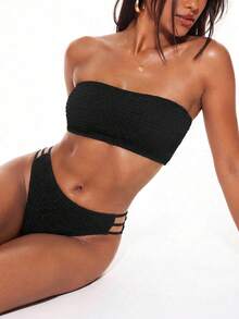 Swim Basics 2026 Spring/Summer Women's Strapless Backless Sexy Vacation Side High Cut Bikini Swimwear 2 Pieces Set - Black - View 5