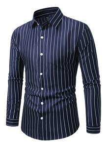 Manfinity Mode Camisa de manga larga a rayas amigable con la piel para hombres - Azul Marino - Ver 4