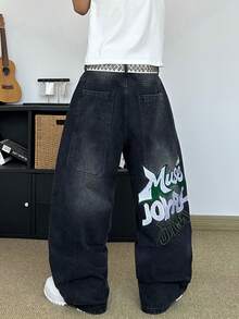 STEELVANCE Streetwear Retro Fashion Serbaguna Distressed Washed Saku Belakang Desain Bordir Longgar Potongan Lurus Potongan Lebar Celana Jeans Denim Kasual - Hitam - View 6