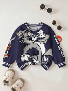 LOONEY TUNES X SHEIN 男童休闲字母兔子印花拼接条纹圆领卫衣，秋季款 - 白色 - 查看 1