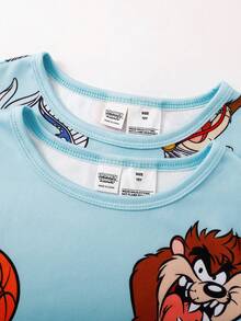 LOONEY TUNES X SHEIN GraphicGems Sommer Tween Jungen Figurbetonte Pyjamas Weich Bequem Minimalistisch Kurzarm Shorts 3 Stücke Set Figurbetonte Loungewear - Grün - Übersicht 3