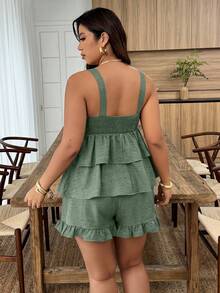 Weeklong Bộ 2 món áo hai dây và quần cho nữ size lớn, phong cách thường ngày mùa xuân/hè, gấu bèo nhún, phù hợp đi du lịch và mặc hàng ngày - xanh quân đội - Xem 2