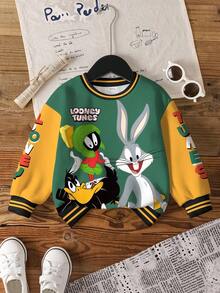 LOONEY TUNES X SHEIN 男童休闲拼色卡通图案圆领保暖卫衣，秋季 - 白色 - 查看 9