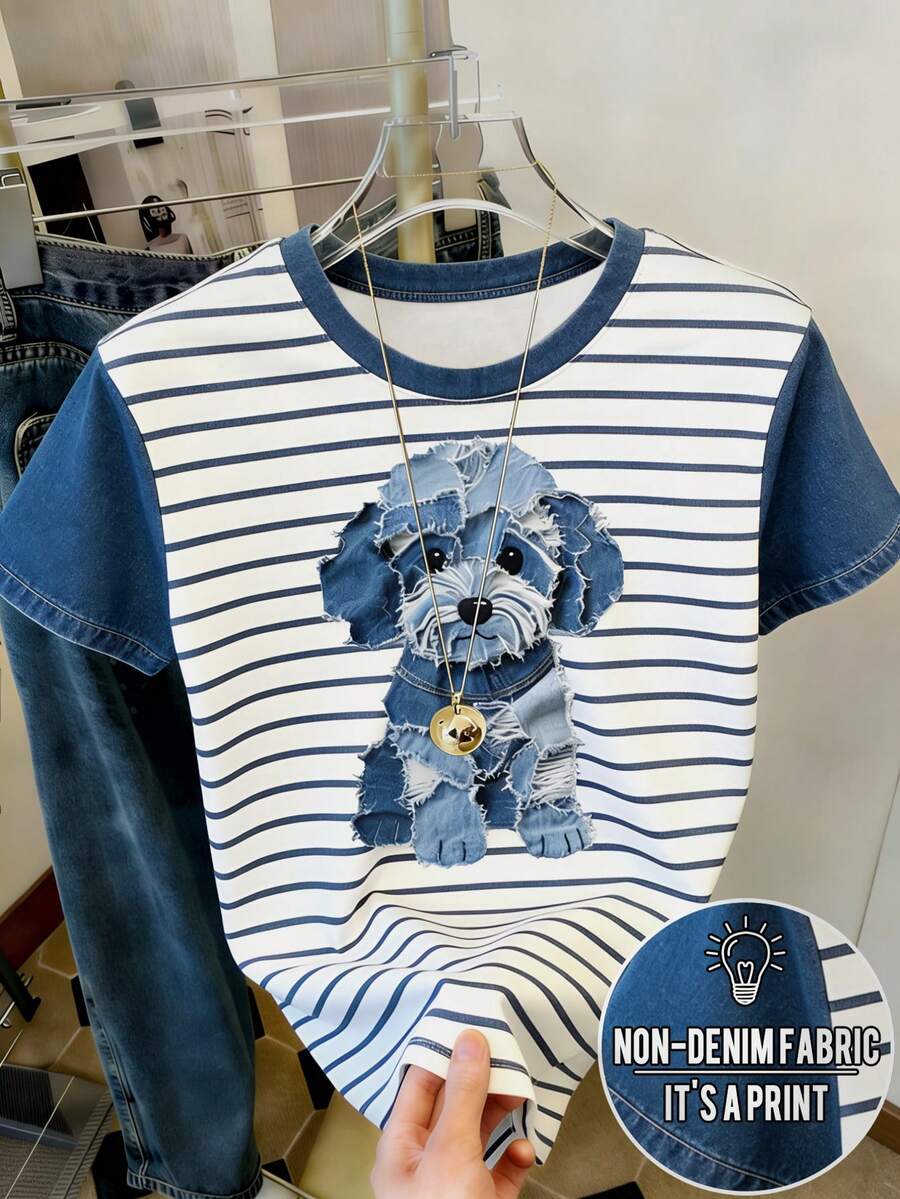 Resyla 女士时尚狗狗印花条纹圆领短袖T恤 - 彩色 - 查看 1