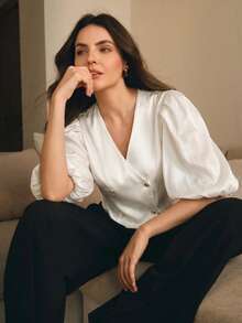 Savoree V-Neck Fashionable White Puff Sleeve Blouse For Women Office Autumn Elegant - White - View 1