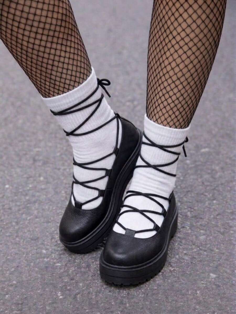 Women's Drawstring Platform Shoes - Black - View 1