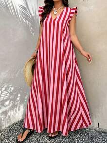 SHEIN LUNE CURVE 大尺碼女款V領條紋休閒日常外出洋裝 - 彩色 - 查看 5