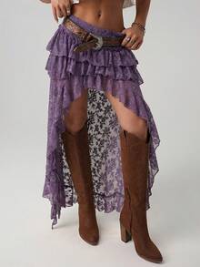 SHEIN ICON Ultra Low Waist Lace Tiered High-Low Skirt - Purple - View 3