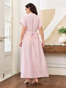 Yasmyna Spring/Summer Sequin Embroidered Patchwork Pink Waist-Cinched Arabian Dress - Pink - View 7