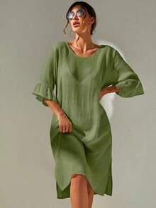Swim Basics Women's Solid Color V-Neck Ruffle Sleeve Mask Dress For Vacation - Army Green - View 6