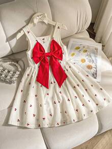 SHEIN Elladie kids 1件少女夏季新款方領無袖背心洋裝，櫻桃印花、後背V領設計、隱形拉鍊、可拆式大蝴蝶結、大下擺側抽褶，簡約百搭，適合日常、派對、海灘度假 - 杏色 - 查看 4