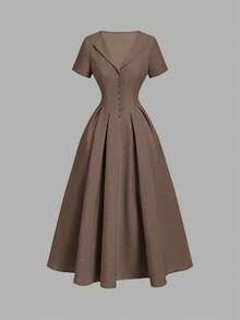 Skyraze Apricot Pleated Midi Dress With Collar,Summer Dresses For Women - Khaki - View 6