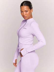 Musera Sport 對比色拉鍊開襟長袖BBL外套（僅外套）運動健身房皮拉提斯健身日常甜美休閒發汗款 - 紫色 - 查看 3