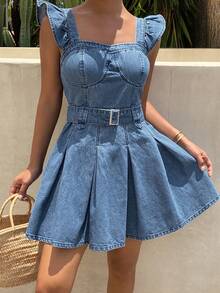 DAZY Women's Sweetheart Neckline Flutter Sleeve Pleated Hem Denim Dress Vacation - Blue - View 3
