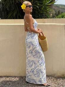 DAZY All-Over Floral Print Fitted Spaghetti Strap Lace-Up Back Sexy Vacation Summer Women's Dress - Blue - View 3