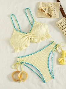 Swim Vcay Setelan Atasan dan Celana Panjang Lurus untuk Liburan Musim Panas di Pantai untuk Wanita, Terbuat dari Kain Khusus Warna Polos dengan Aplikasi Bunga - Kuning - View 3