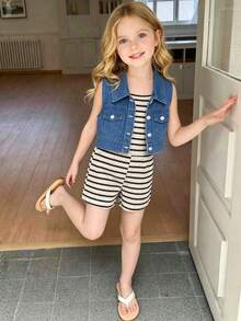SHEIN Conjunto de 2 piezas para niñas jóvenes, mono a rayas blanco y negro con chaleco de mezclilla, moda casual, adecuado para salidas diarias, hogar y reuniones - Multicolor - Ver 11