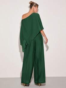 COSMINA Women's Solid Color Asymmetric Shoulder Batwing Sleeve Shirt And Wide Leg Pants Fashion 2 Pieces Set - Dark Green - View 5