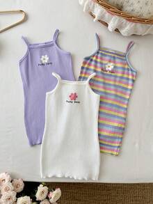 LMoss Kids Baby Girl Knitted Solid Color Striped Floral Pattern Camisole Dress 3pcs Set - Multicolor - View 5