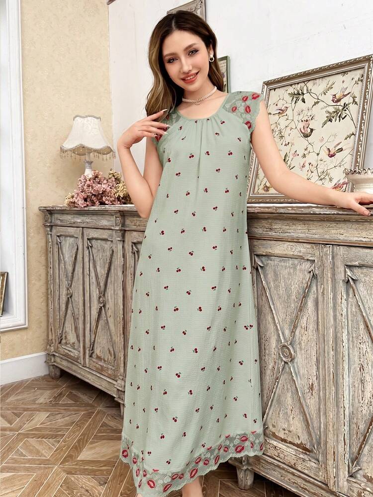CottageSlumber Đầm mặc nhà nữ màu đỏ môi thêu ren họa tiết hoa anh đào nhỏ trên nền đen. - màu xanh lá - Xem 6