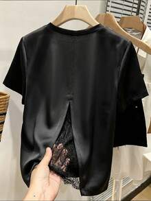 Franclia Plus Size Solid Color Round Neck Contrast Lace Short Sleeve Women's T-Shirt Summer Date Night Evening Black Elegant Frenchy - Black - View 1