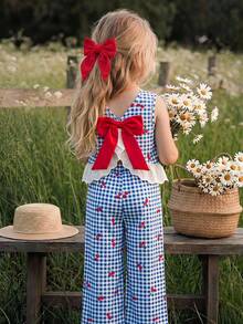 Emery Rose Kids Emery Rose Kids 少女編織格紋櫻桃圖案拼接撞色荷葉邊休閒背心與長褲兩件組 - 彩色 - 查看 3