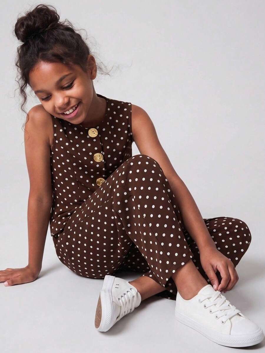 Maija Kids Maija Kids 2件組 青少年女孩優雅休閒校園日常舒適無袖背心與長褲套裝,棕色波點圖案,金屬鈕扣開合,優雅復古套裝,適合日常、返校、度假、外出,春夏季 - 棕色 - 查看 1