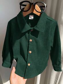 SHEIN 親子套裝 Mommy And Me（4件式，單件販售）男嬰領口燈芯絨長袖襯衫，柔軟舒適百搭 - 綠色 - 查看 1