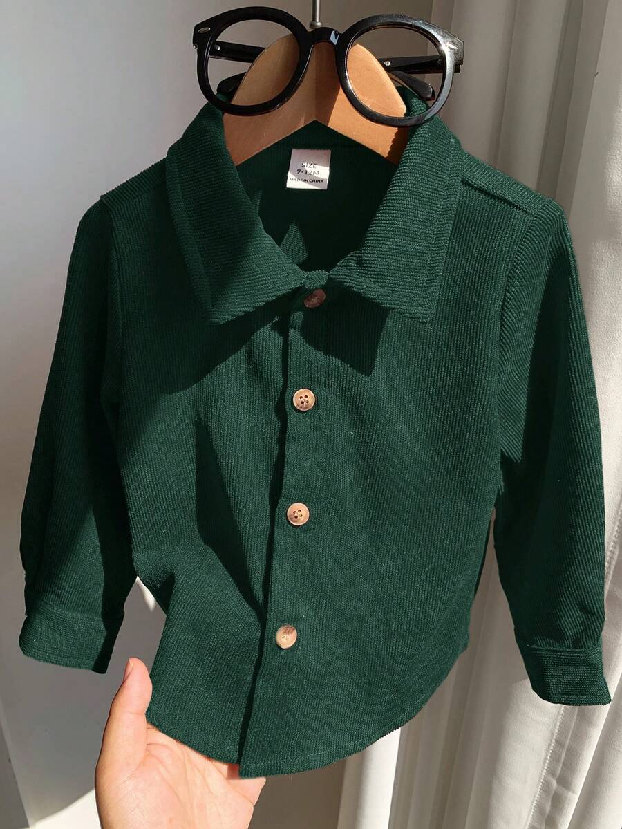 SHEIN 親子套裝 Mommy And Me(4件式,單件販售)男嬰領口燈芯絨長袖襯衫,柔軟舒適百搭 - 綠色 - 查看 1