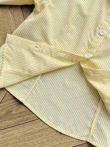 SHEIN Tween Girl Elegant Spring/Summer Woven Bow Decor Striped Shirt, Can Be Worn As Inner Layer Or Outer Layer - Yellow - View 10