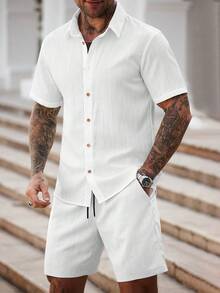 Manfinity Homme 男士休闲纯色短袖衬衫和抽绳腰短裤套装，夏季 - 白色 - 查看 6