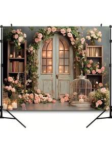 1pc Vintage Wooden Arch & Floral Fabric Backdrop, Spring Pink Rose, Wedding Portrait Photography Background With Wooden Vase & Books, Ideal For Photo Shooting - multicolor - View 2