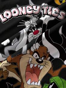 LOONEY TUNES X SHEIN 小男孩休闲撞色条纹卡通图案圆领短袖T恤，夏季 - 白色 - 查看 5