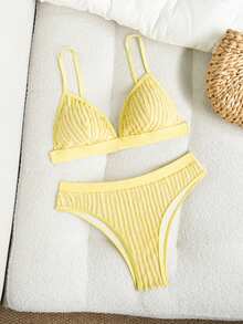 Swim SXY Bonvoyette-D 2件組夏季純色黃色上衣與棕色短褲，針織提花面料，三角比基尼上衣配可調節細肩帶，露背設計，歐美辣妹風，性感休閒派對度假海灘套裝，高腰高衩分體比基尼泳衣 - 黃色 - 查看 6
