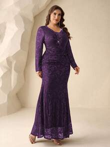 Coutiva Premium Plus Size Beaded Fitted Evening Dress - Dark Purple - View 4