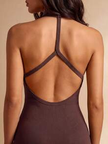 Silquee Women's Basic Dark Brown Ribbed U-Neck Dress, Versatile, Backless, Crossover Design, Fitted Halter Neck Dress, Summer Dress, Vacation Sexy - Brown - View 7