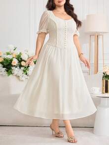 Modelyn Plus Size Women's Geometric Textured Short Puff Sleeve Elegant Dress Wedding Guest White Summer - Apricot - View 4