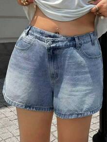 Dazy Plus Asymmetrical Waistband Design Low Waist Casual Plus Size Women Denim Shorts, Spring/Summer - Medium Wash - View 4