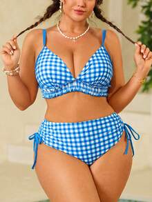 Swim Mod Conjunto de traje de baño de dos piezas para mujer talla grande, dulce y lindo, para vacaciones en la playa, estampado aleatorio de cerezas rosa & rojo, con cordones y volantes - Azul y blanco - Ver 1