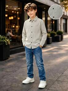 SHEIN 1件兒童青少年男孩休閒條紋領長袖襯衫，適合兒童、畢業季、生日派對 - 黑與白 - 查看 5