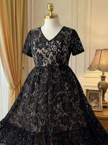 DreamSkyne Plus Size Elegant Lace Dress, Summer Maxi Women Outfit - Black - View 3