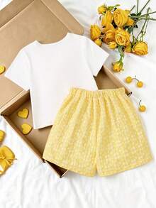 SHEIN Sparklyn 2件裝少女短袖T恤與上衣套裝，夏季穿搭，度假風，時尚基本款，甜美酷女孩風，梭織提花 - 彩色 - 查看 2