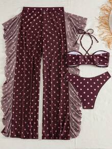 Swim Vcay Women's Summer Beach Vacation Pink Halter Neck Tie Sexy Tropical Bikini And Triangle Bottoms Two-Piece Swimsuit Set With Long Pants - Multicolor - View 2