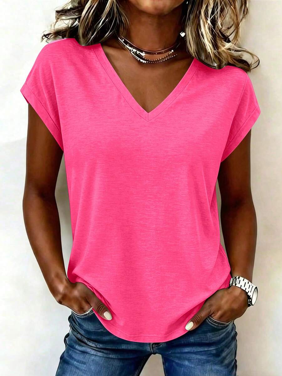 Selianne Women's Solid Color Versatile V-Neck Fashion T-Shirt For Travel And Outings - Hot Pink - View 1