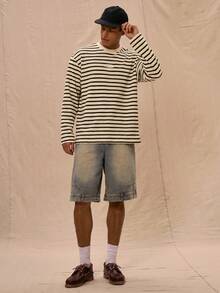 Musero Men Relaxed Fit Crew Neck Graphic Letter Print Striped Long Sleeved Top Spring&Summer - Apricot - View 5