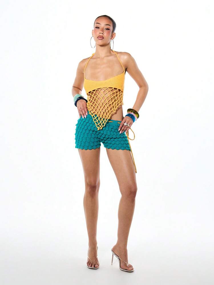 SUMWON WOMEN Knitted Crochet Mini Shorts With Scallop Hem And Chunky Tie Detail Summer Beach Festival