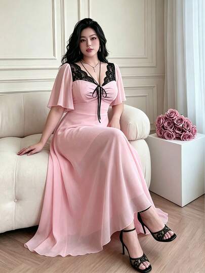 Sweetra Spring, Summer, Fall, Elegant, Vacation, French Vintage Chiffon Lace Patchwork Bow Tie Decor Gentle Style Minimalist Waist-Defining Slimming Halter Neck Tie Puff Ruffle Sleeve Maxi Dress For Women
